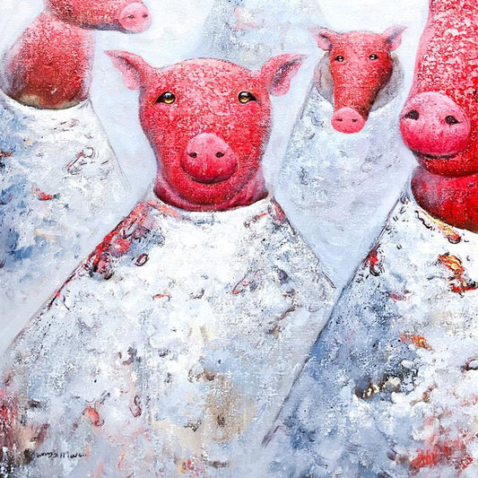 Wang, "Moon Pigs" Original Mixed Media Painting on Gallery Wrapped Canvas (55" x 55"), Hand Signed with Letter of Authenticity.
