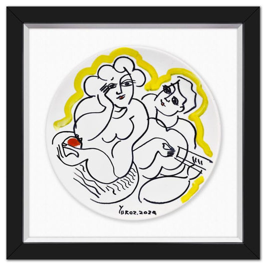 Yuroz, Framed Hand Painted Ceramic Plate, Hand Signed with Letter of Authenticity.