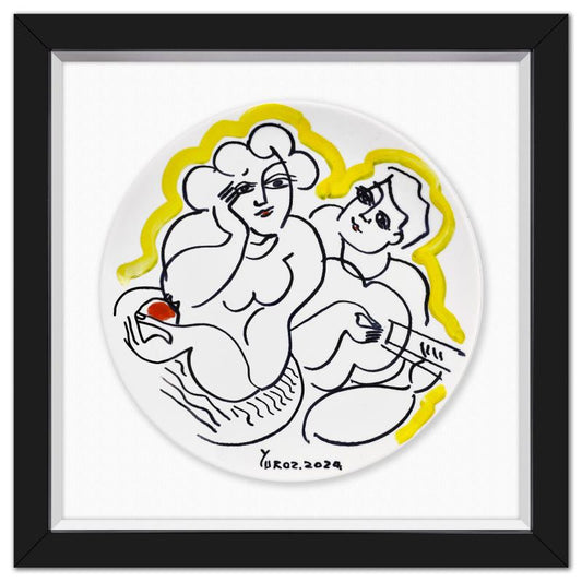 Yuroz, Framed Hand Painted Ceramic Plate, Hand Signed with Letter of Authenticity.